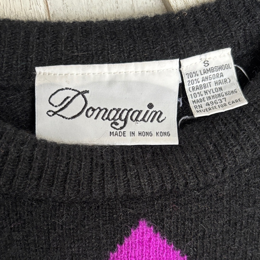 VTG Donagain Angora Lambswool Argyle Sweater - Black/Multicolor - Small - Picture 2 of 6
